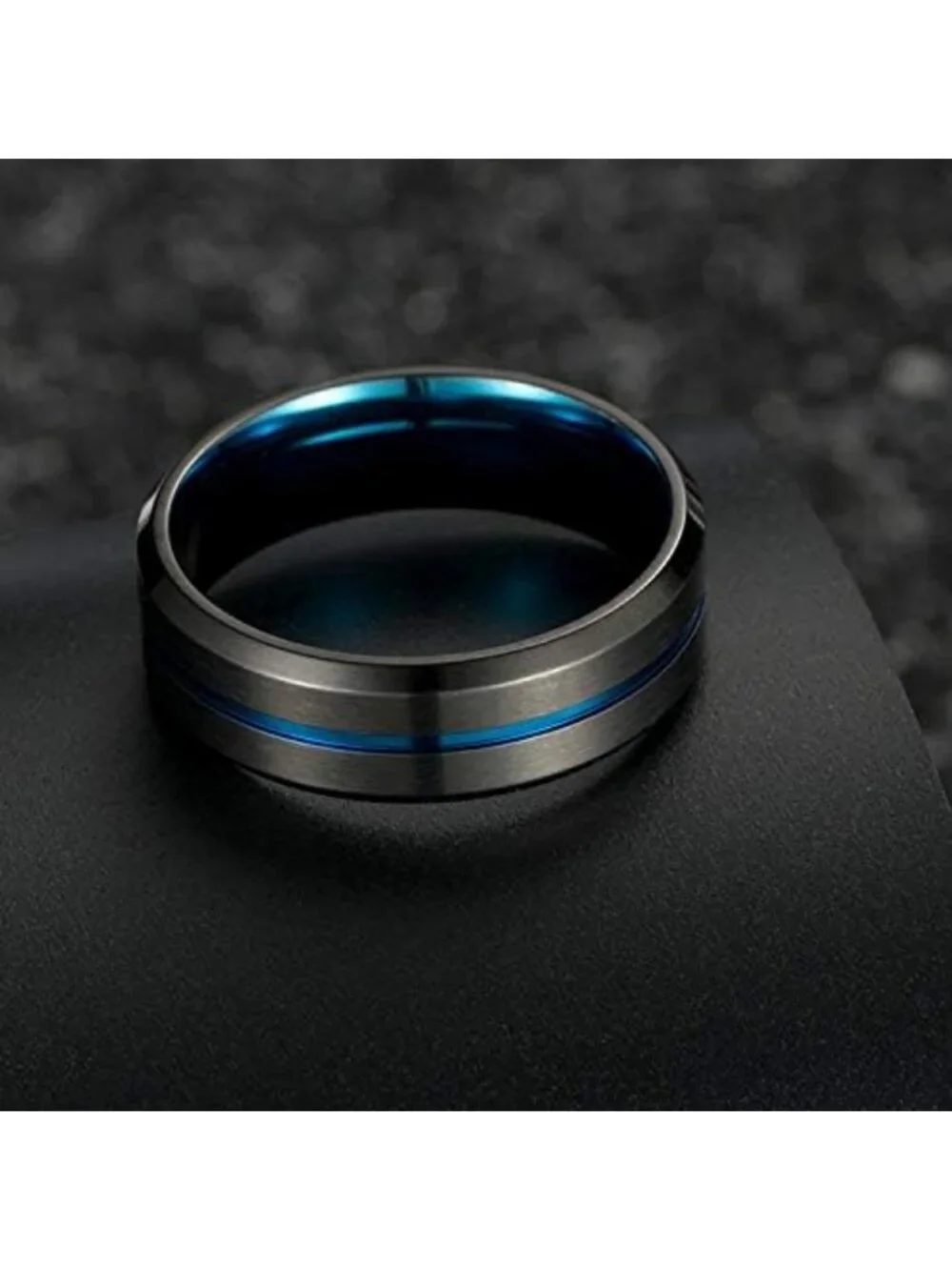 Men's 8mm Matte Brushed Stainless Steel Wedding Band Ring - Blue/Black Titanium